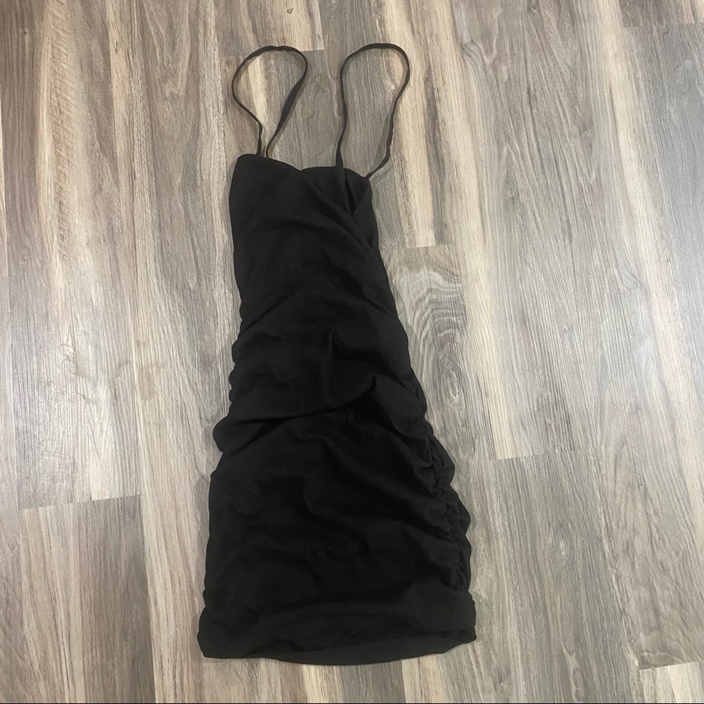 shein black rushed bodycon dress